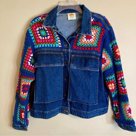 RARE Farm Rio Crochet Squares Denim Jacket & Jeans Set Pants Granny Blue Size S - Picture 6 of 16